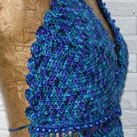 HAND CRAFTED Cropped Top Crochet Halter Festival Fashion Blue Colorful Large - Picture 3 of 12